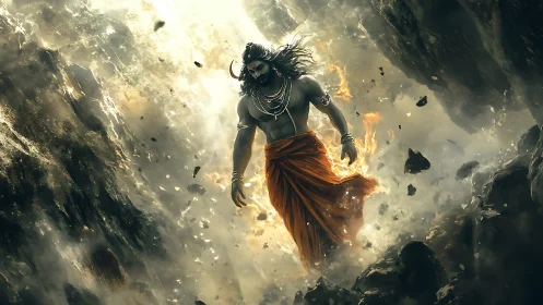 Mythic warrior descending through shattered volcanic chasm