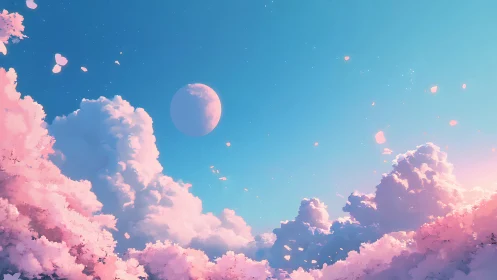 Pastel clouds and distant moon over blooming pink horizon.