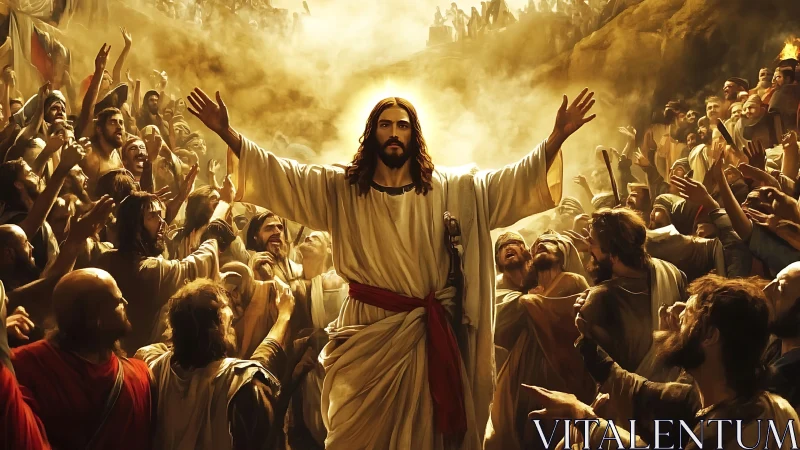 Religious leader with raised arms before large rejoicing crowd.