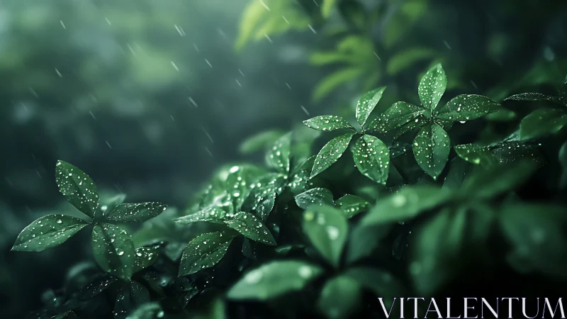 Rain-kissed emerald leaves shimmer in soft forest light.