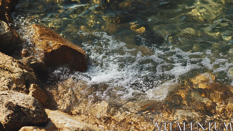 Rock shoreline with shallow clear water and foamy waves