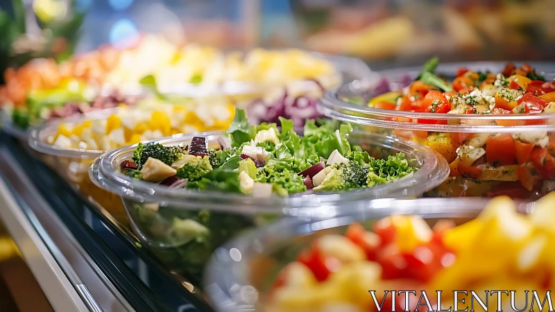 Colorful salad bar bowls with fresh vegetable medley.