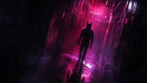 Silhouetted figure walks through neon lit rainy alleyway