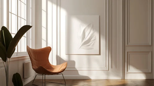 Sunlit modern lounge corner with minimalist feather artwork.