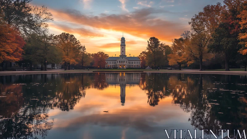 Sunset reflections over a quiet campus lake and tower.