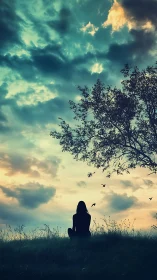 Silhouetted figure observes a dramatic teal and amber sunset sky