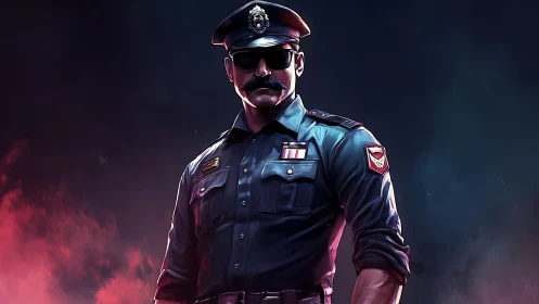 Commanding police officer in stylized neon rim lighting portrait.