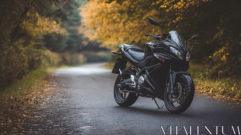 Sport touring motorcycle on damp forest road at dusk.