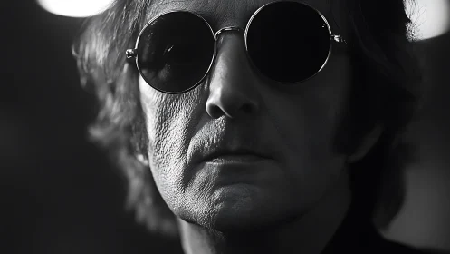 Monochrome close portrait of person in round sunglasses.