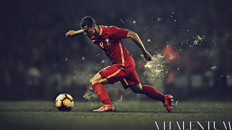 Dynamic football striker lunges toward ball under stadium lights