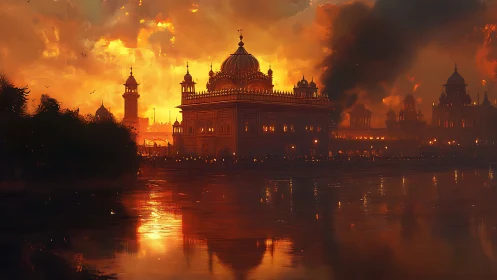 Ember-lit riverside temple rendered in dramatic digital chiaroscuro