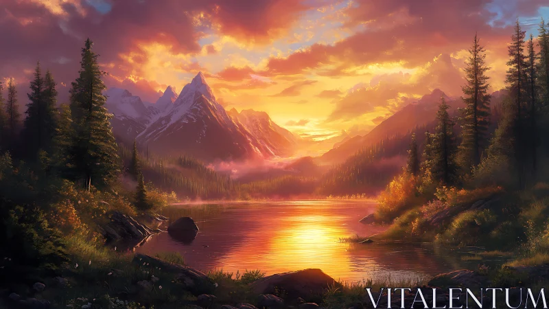 Mountain lake landscape under vivid sunset sky with forest.