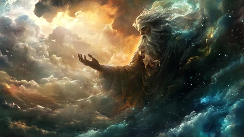 Celestial elder summons storms in a newborn cosmic sky.