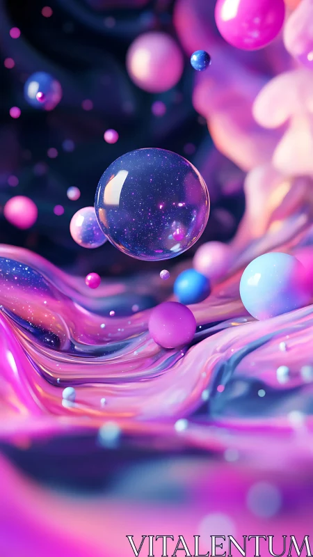 3D cosmic spheres suspended over iridescent fluid waves.