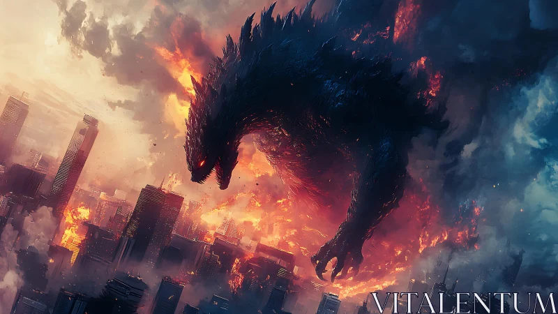 Giant reptilian monster strides through burning modern cityscape