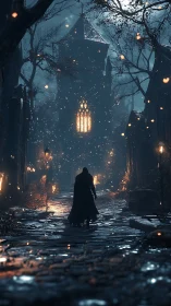 Solitary figure on wet cobblestone street before lit tower.