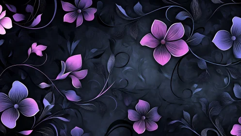 Purple Flowers on Dark Background with Elegant Vines.