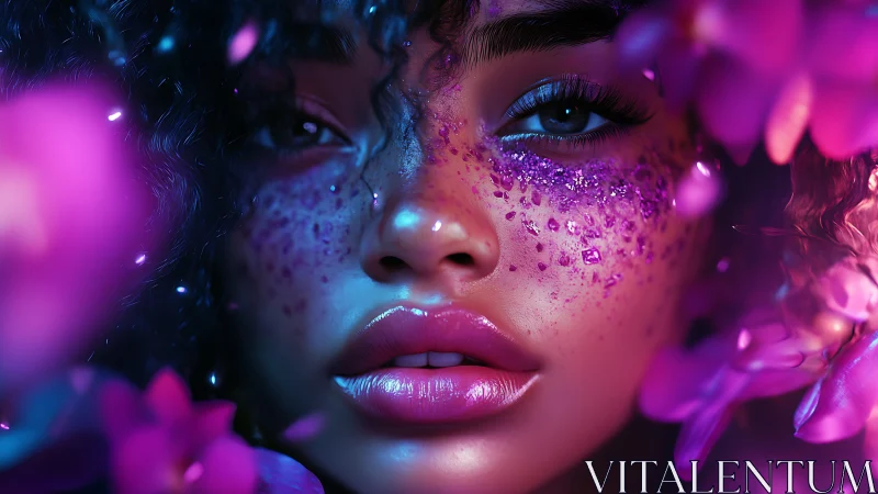 Iridescent portrait with crystal makeup and neon petals.
