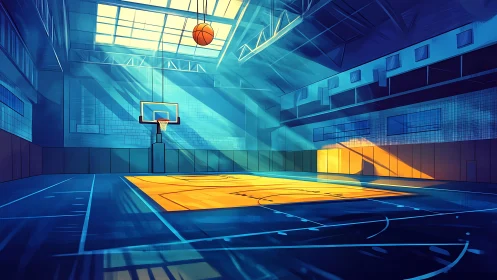 Sunlit indoor court with suspended basketball in motion.