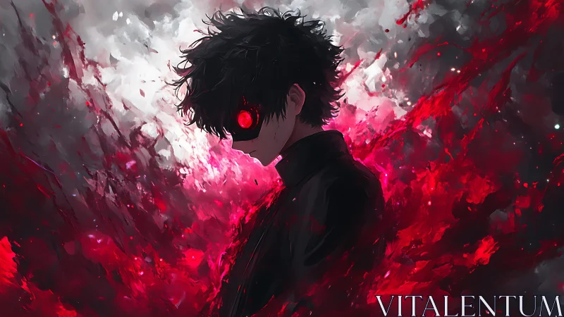 Side-lit anime figure with glowing red eye amid turbulent energy field