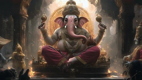 Digital painting of majestic Ganesha on ornate throne in temple.