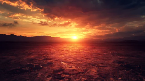 Sunlit desert horizon under dramatic stratiform clouds.