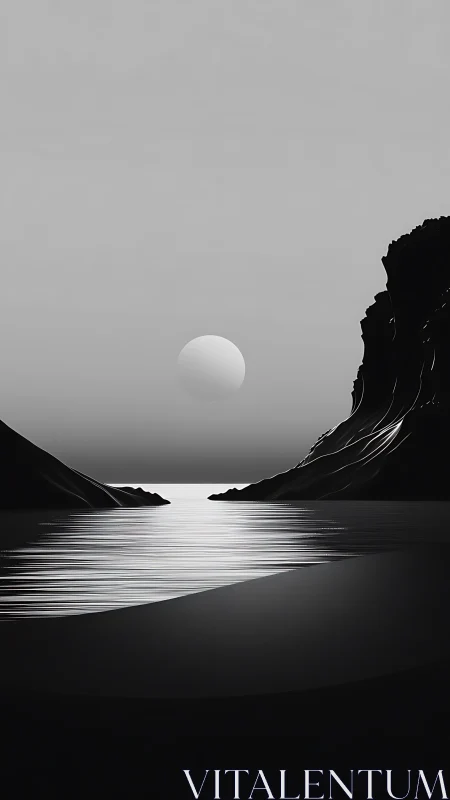 Monochrome sun over reflective water between dark cliffs