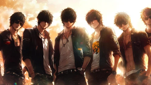 Group of anime teen boys in edgy streetwear at sunset.