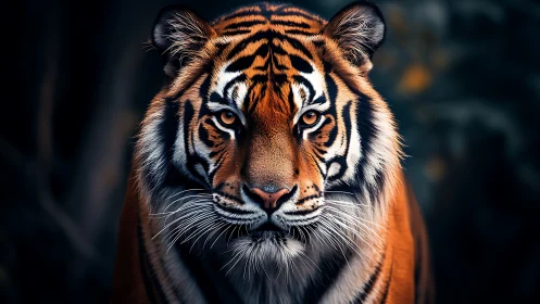 Midnight tiger gaze in quiet jungle shadows.