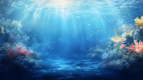 Sunlit coral reef seafloor shows clear blue underwater scene