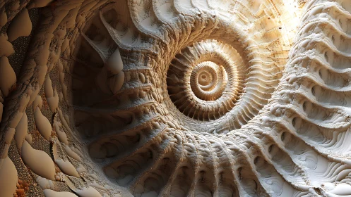 Spiral fractal tunnel with layered organic shell forms.