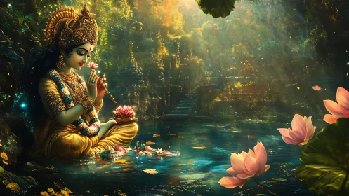 Divine goddess in jeweled robes beside a glowing lotus pool.