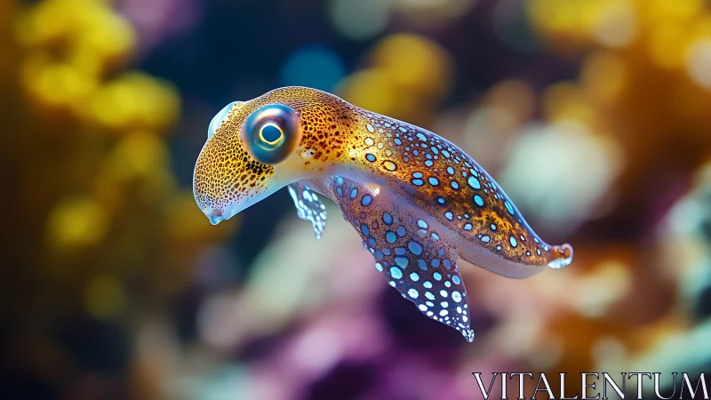 Colorful bioluminescent squid swimming in blurred reef water.
