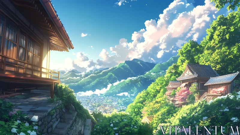 Sunlit terraced ryokan overlooking volumetric valley cityscape.