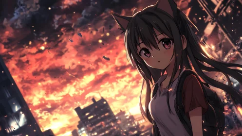 Cat-eared girl faces burning twilight city sky. Period.