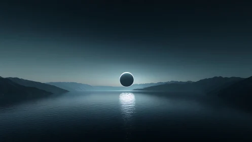 Spherical object over calm water between distant mountains.
