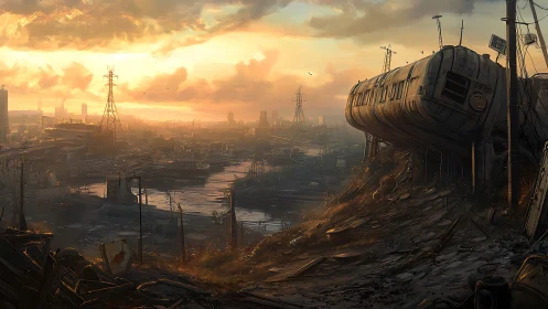 Derelict train overlooks flooded post apocalyptic cityscape