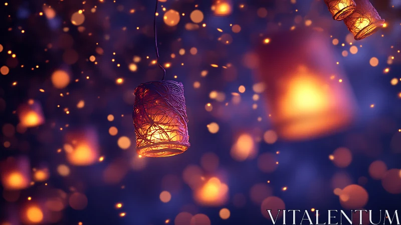 Glowing lanterns drift through a dreamy twilight sky.