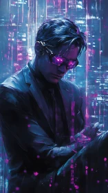 Cyberpunk hacker with neon visor in glowing cityscape.