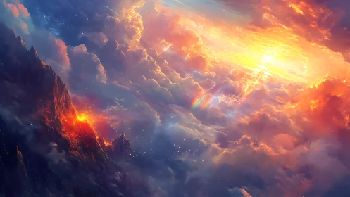 Volcanic cloudscape under refracted stellar sunrise spectrum.