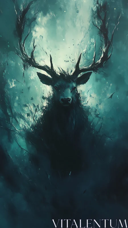 Dark ethereal stag with glowing teal mist and antlers.