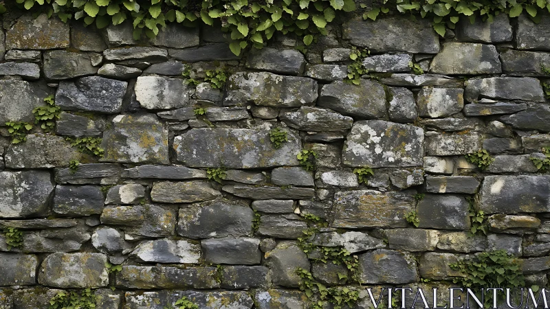 Weathered stone garden wall quietly wrapped in soft greenery
