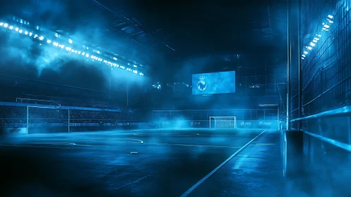 Floodlit indoor football arena uses volumetric blue haze and deep contrast