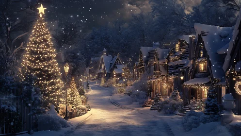 Cozy winter village street glowing with gentle holiday lights.