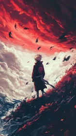 Lone wanderer beneath stormy red skies of change.