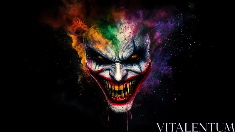 Sinister clown portrait explodes in neon fractured color.