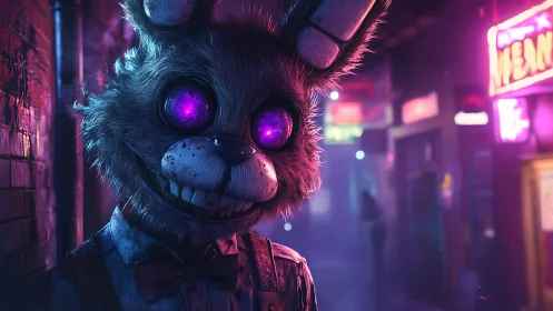 Creepy cyberpunk rabbit animatronic in neon alleyway.