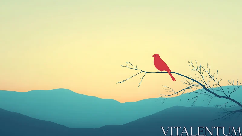 Minimalist red bird on branch at sunrise with serene blue hills.