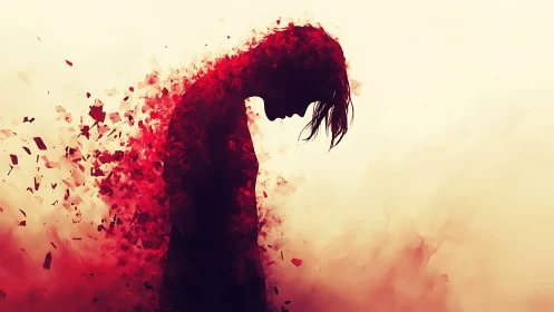 Shattered silhouette dissolving into crimson memory dust.