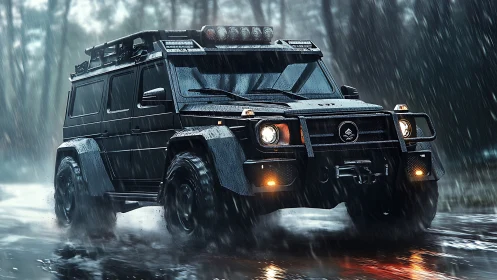 Storm-born black off-road titan carving a neon-wet trail.